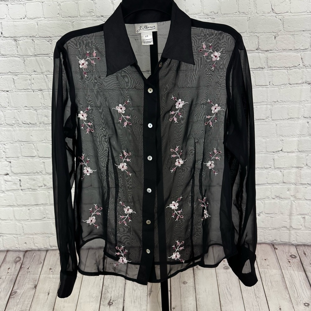 J. Marco Black Sheer Embroidered Flowers Button Down Blouse Size Large